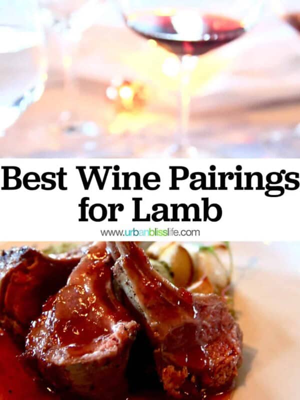 lamb chops on a plate with two glasses of red with with title text that reads "Best Wine Pairings for Lamb."