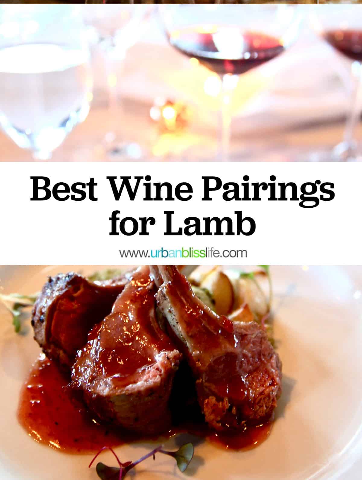 lamb chops on a plate with two glasses of red with with title text that reads "Best Wine Pairings for Lamb."