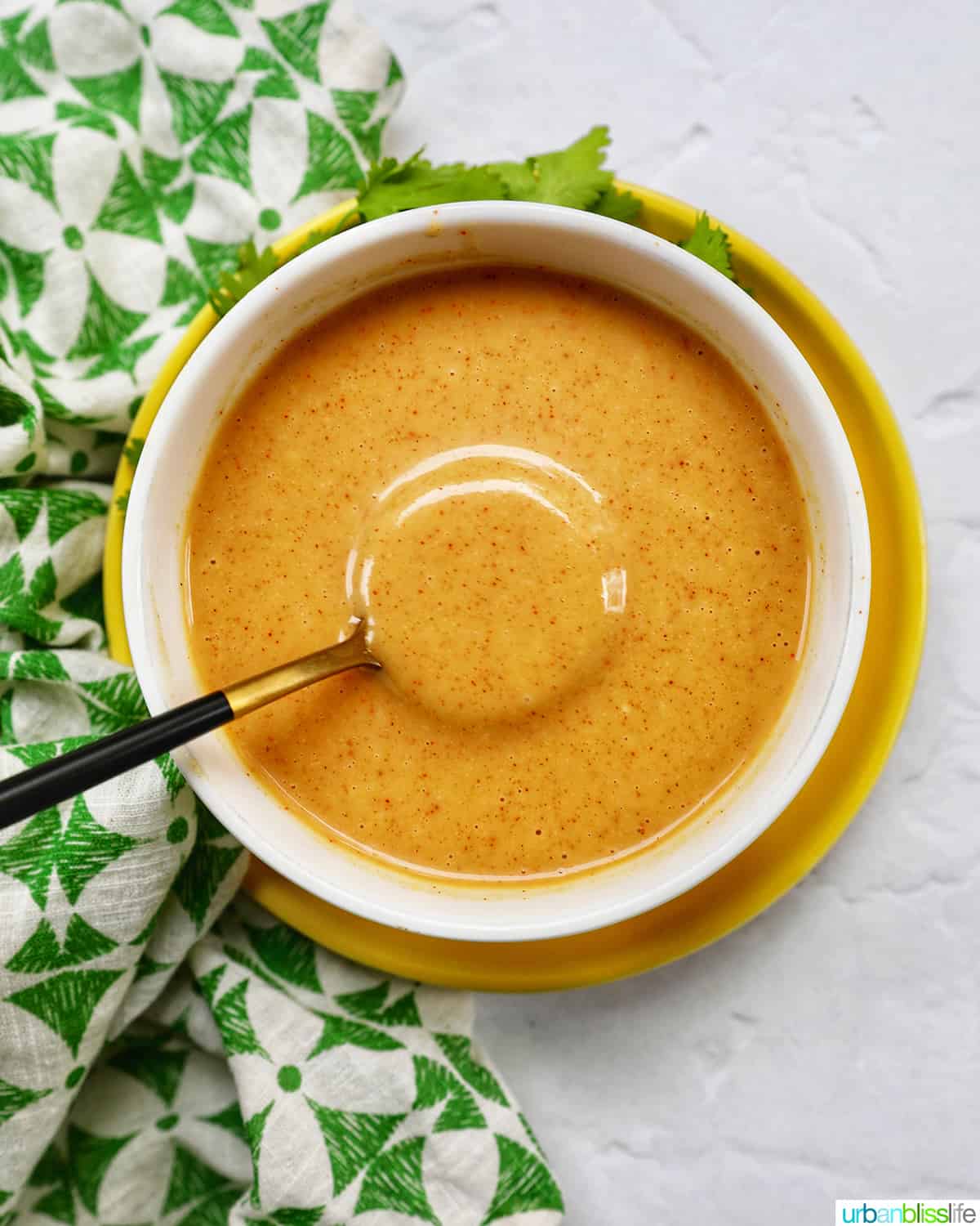 spoon in a bowl of hand dipping a chicken tender into a bowl of honey mustard dipping sauce.