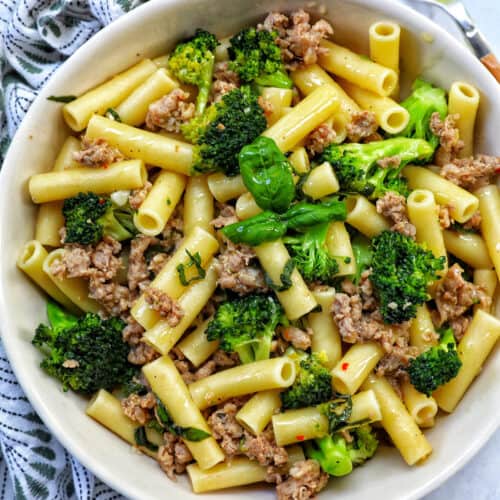 bowl of Italian Sausage and Broccoli pasta.