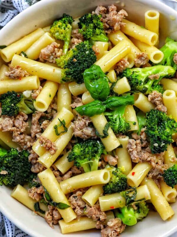 bowl of Italian Sausage and Broccoli pasta.