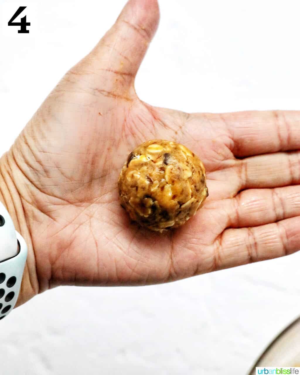 hand holding a Peanut Butter Chocolate Chip Oatmeal Ball.