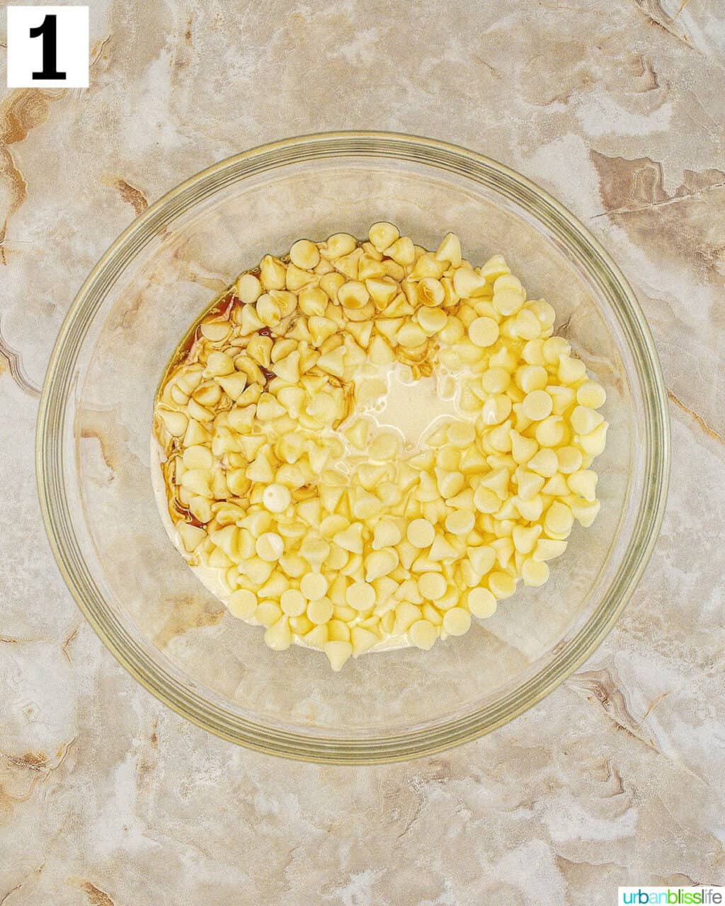 white chocolate chips in a glass bowl.