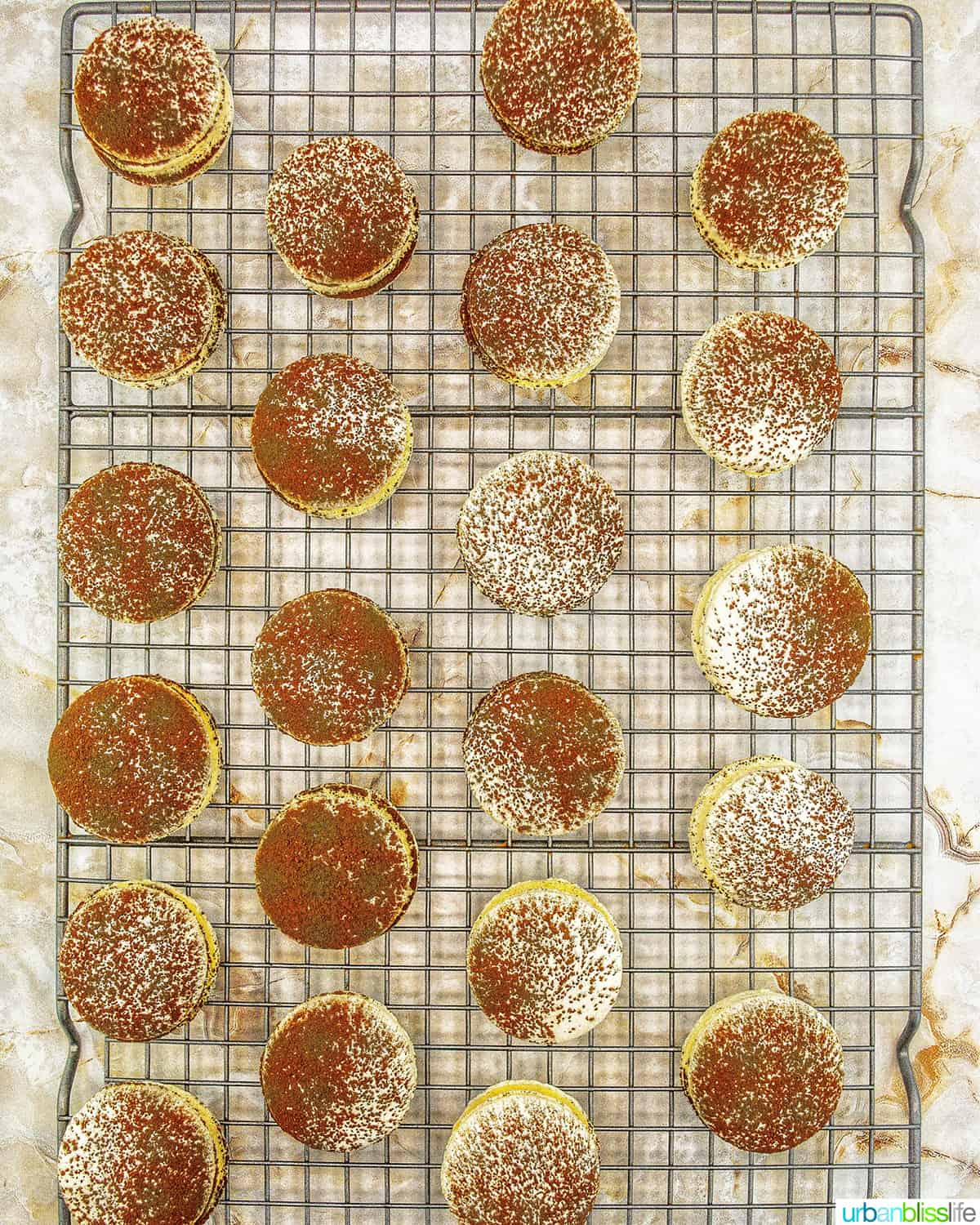 rows of tiramisu macarons on a cooling rack.