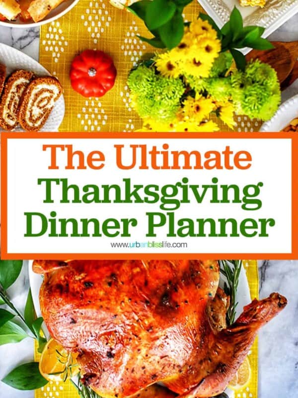 Thanksgiving dinner table with turkey and sides and title text that reads "The Ultimate Thanksgiving Dinner Planner."