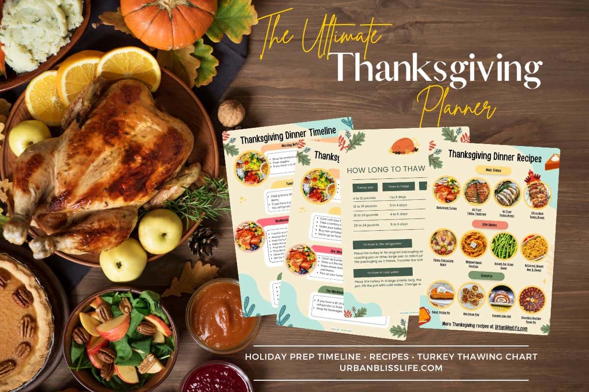 Thanksgiving dinner table with planner printables and text "The Ultimate Thanksgiving Planner."