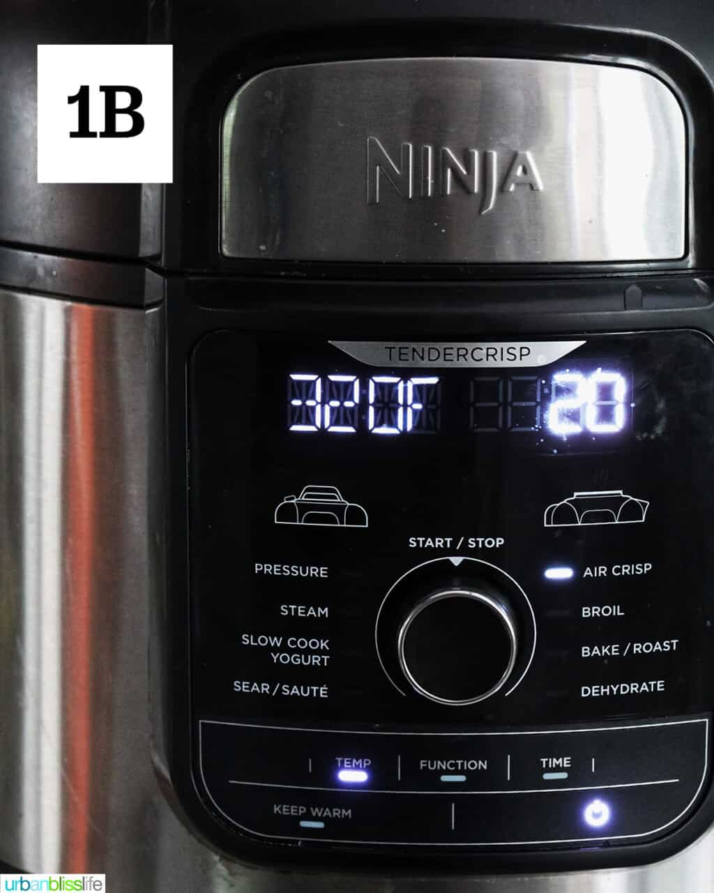 Ninja foodi air fryer set to air fry at 320 degrees for 20 minutes.