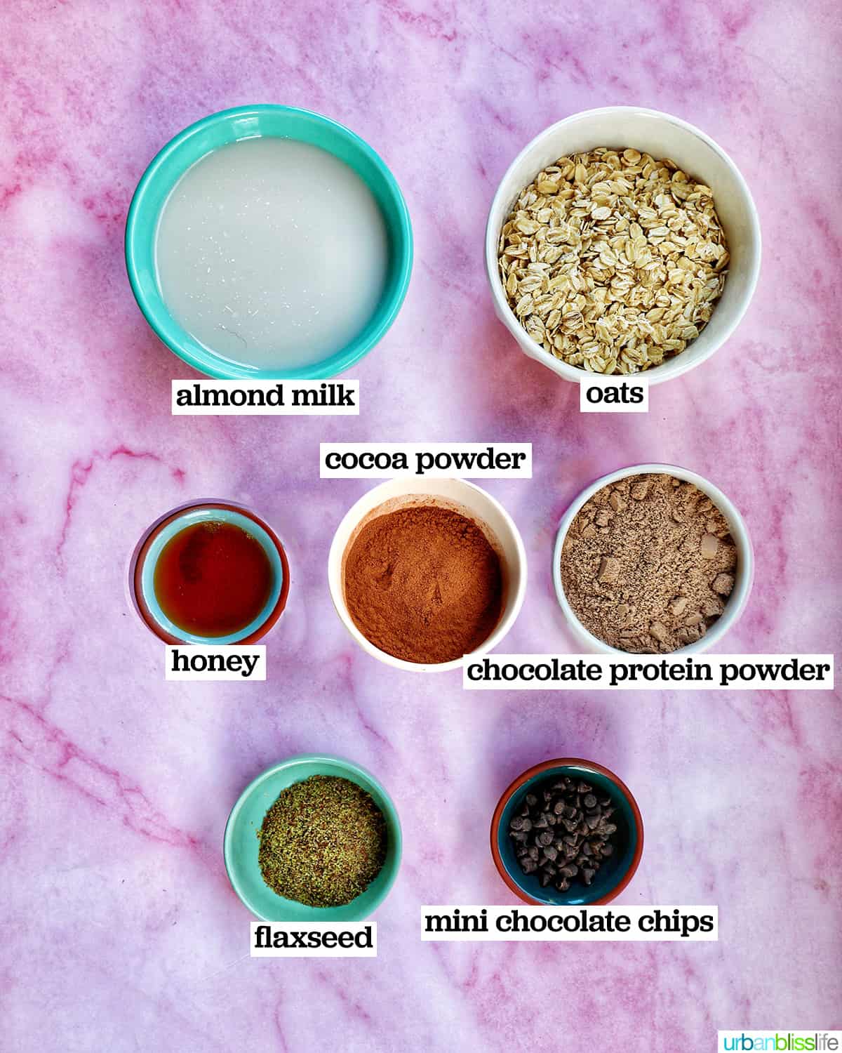 ingredients to make chocolate protein overnight oats.
