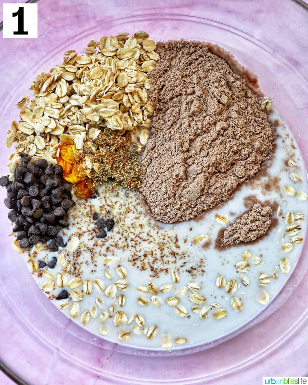 ingredients to make chocolate protein overnight oats in a large glass bowl.