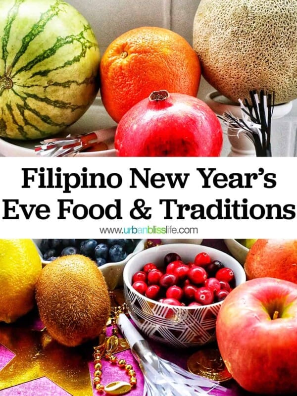 Several colorful round fruits with title text reading "Filipino New Year's Eve Food" overlay.