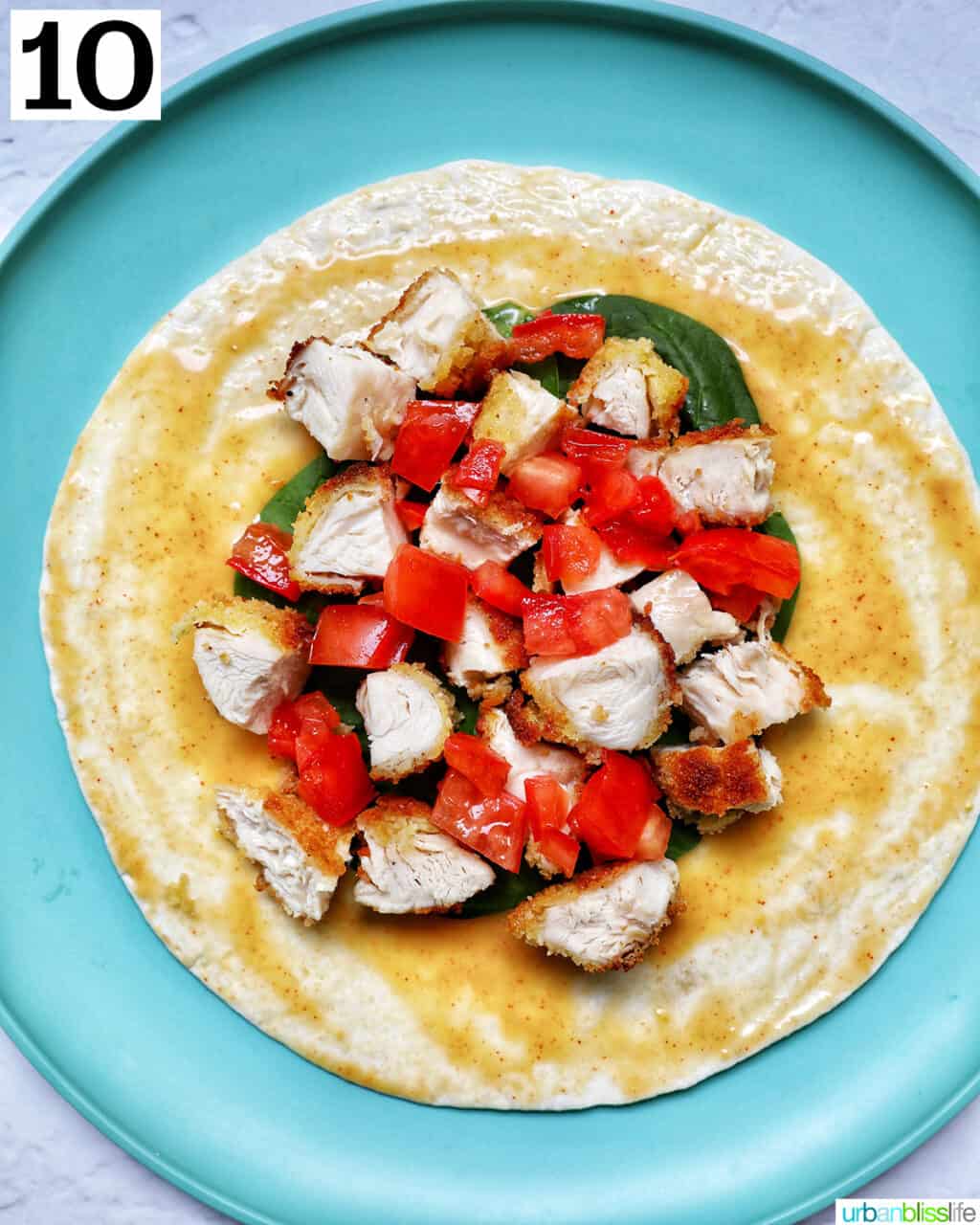 tomatoes, chicken, spinach on a tortilla wrap.
