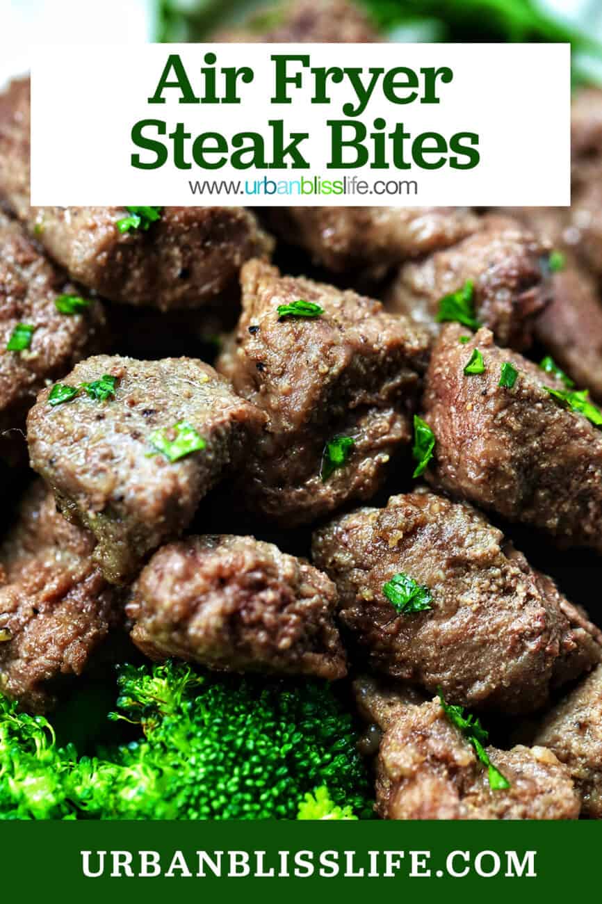 air fryer steak bites with chopped parsley garnish with title text overlay.