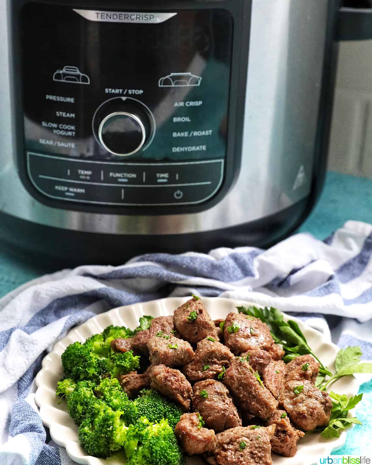 air fryer steak bites with chopped parsley garnish and a side of broccoli on a plate in front of an air fryer.
