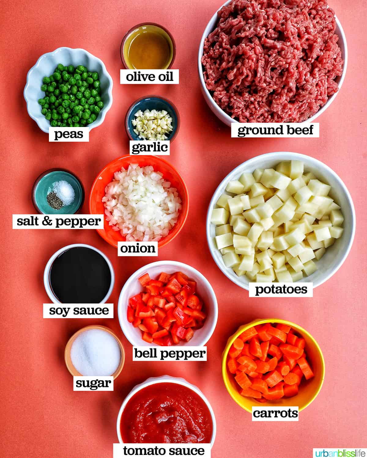 bowls of ingredients to make Filipino beef giniling.