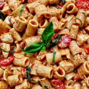 rigatoni pasta in a creamy Tuscan sauce with chicken, tomatoes, and herbs.