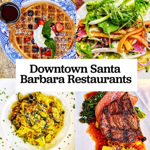 waffles, tuna tostadas, zucchini pasta, and steak with title text overlay that reads "downtown Santa Barbara restaurants."