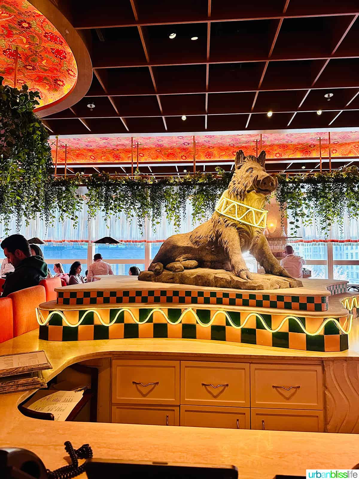 large dog sculpture in Bad Roman restaurant in New York City.