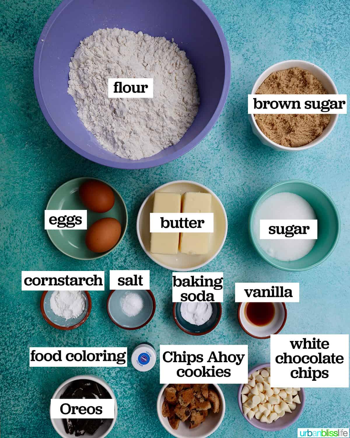 bowls of ingredients to make Cookie Monster Cookies