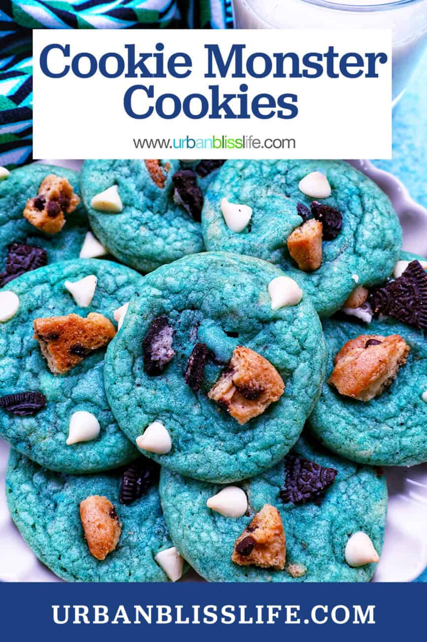 plate of bright blue cookie monster cookies with glass of milk with title text overlay.