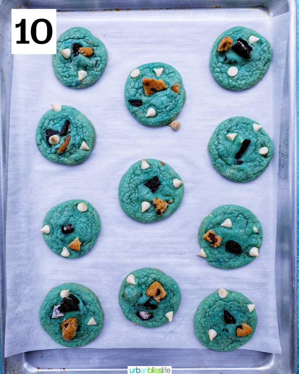 baking sheet with cookie monster cookies.