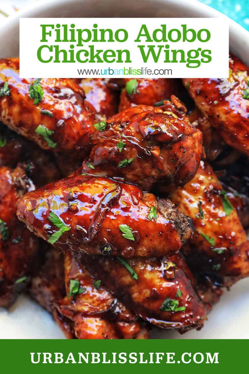 bowl of Filipino adobo chicken wings and fresh parsley with title text overlay.