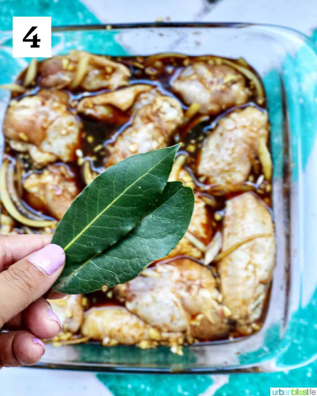 hand holding bay leaves over chicken marinating in adobo sauce.