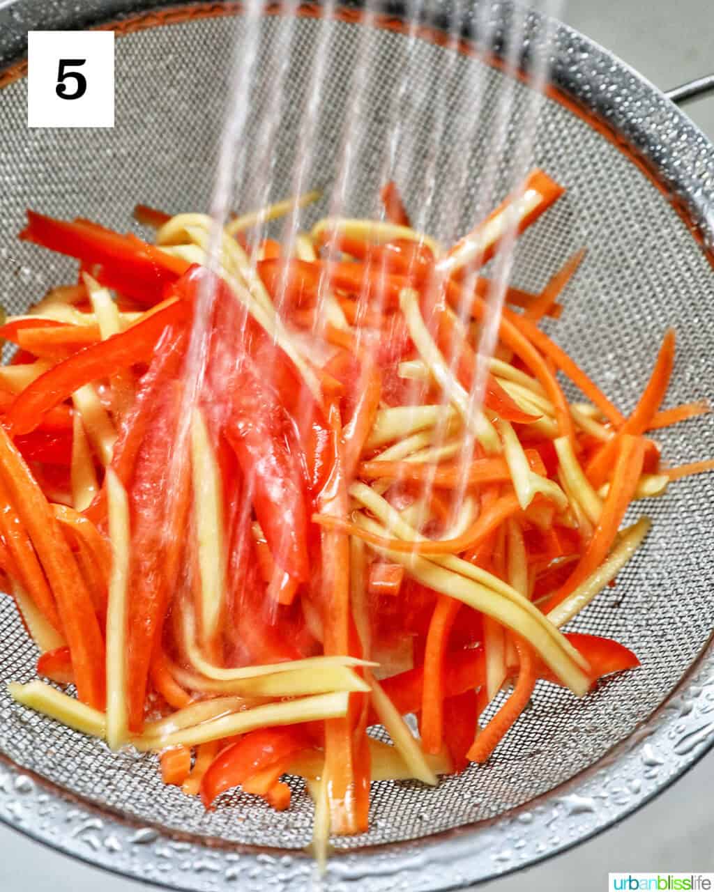 water spraying on sliced papaya, carrots, red bell pepper in a bowl.