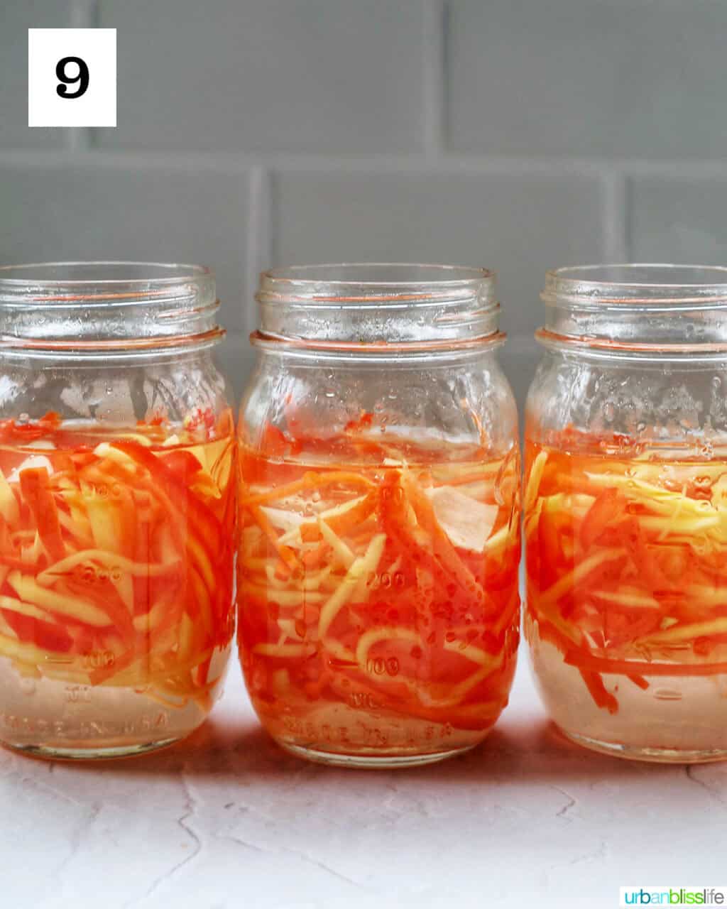 mason jars with Filipino atchara condiment - papaya, carrots, red bell pepper, garlic, ginger.