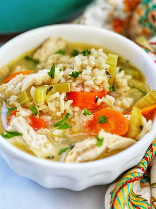 Lemon Chicken and Rice Soup in a white bowl.