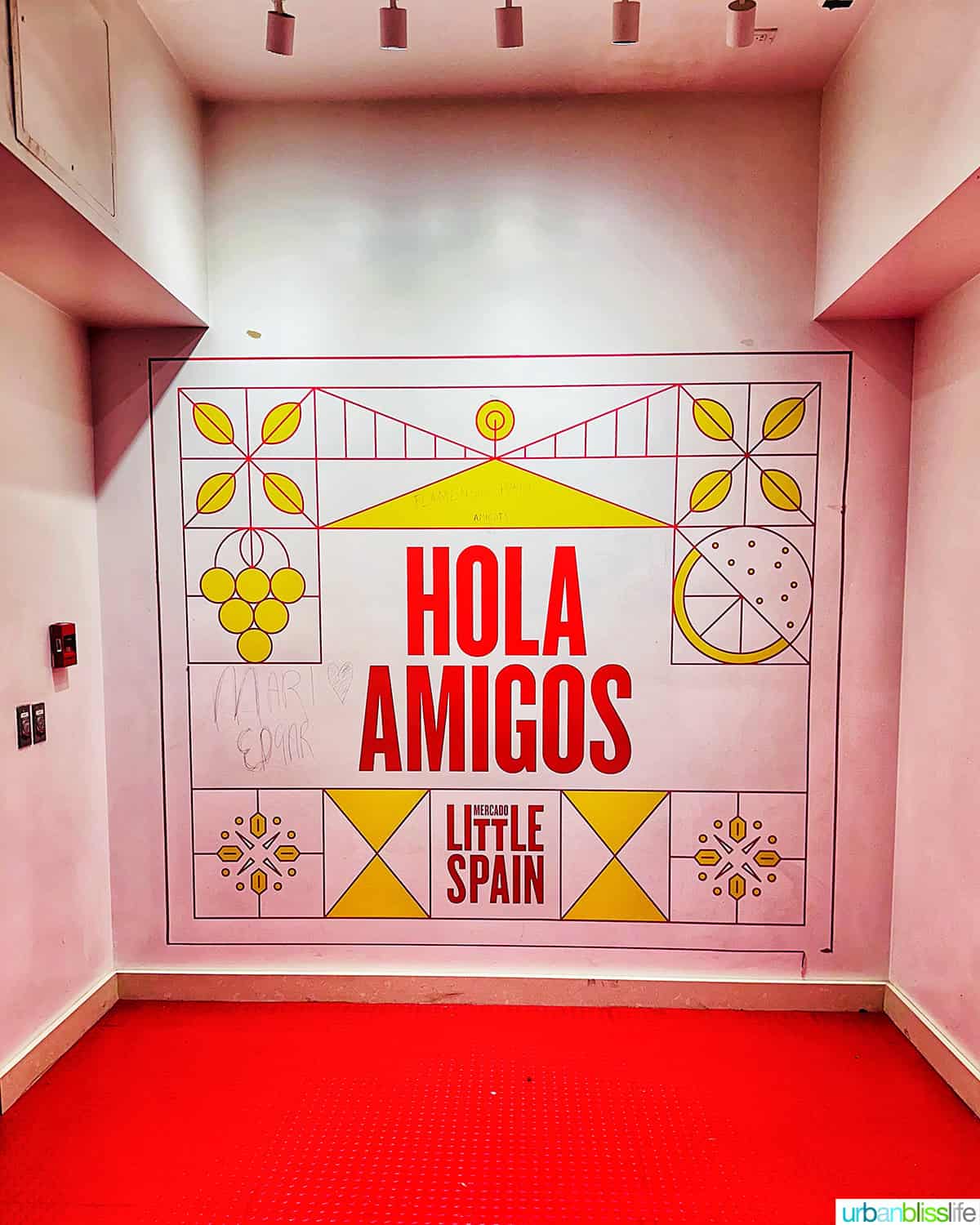 Hola Amigos mural at Mercado Little Spain in NYC.