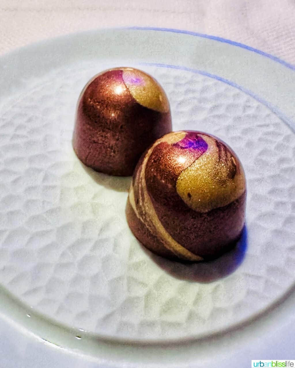 two chocolate truffles on a plate  at Marea restaurant New York City (NYC).