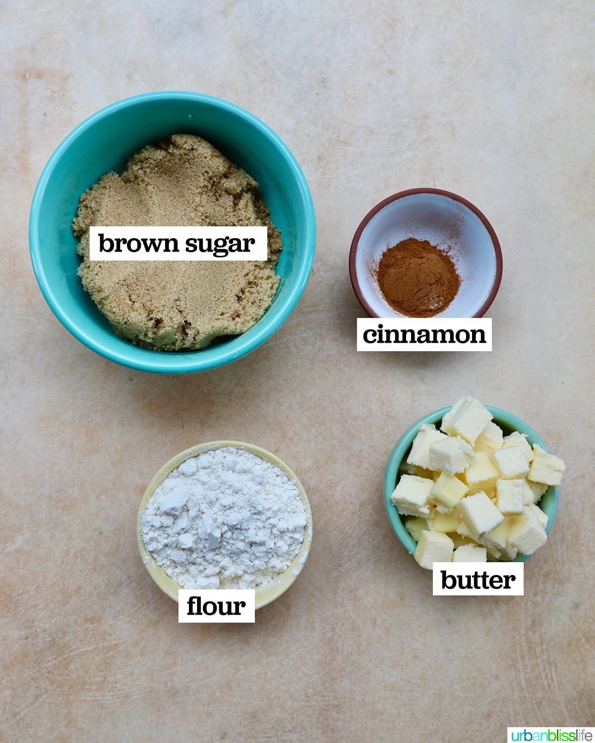 bowls of ingredients to make streusel topping.