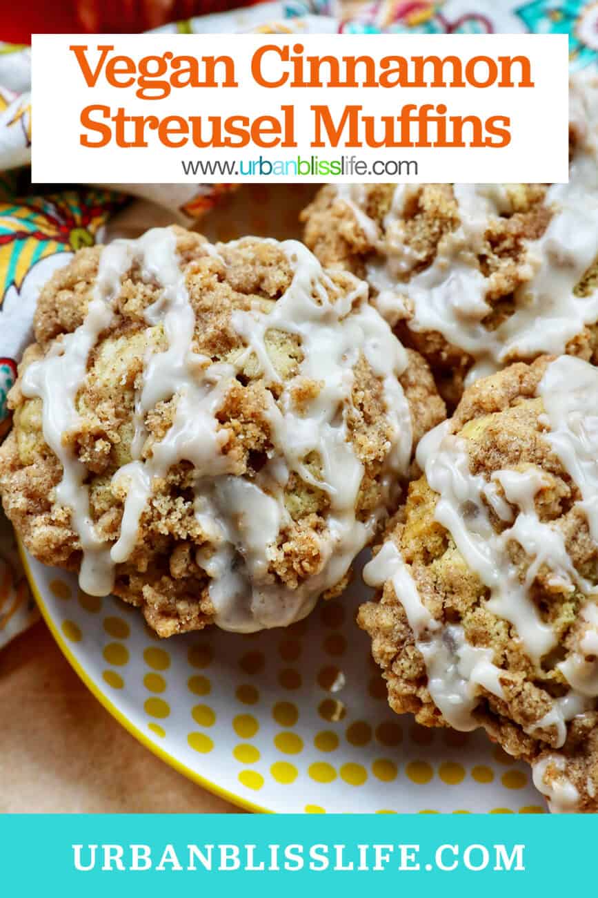 vegan cinnamon streusel muffins with vanilla glaze on a plate with title text overlay.