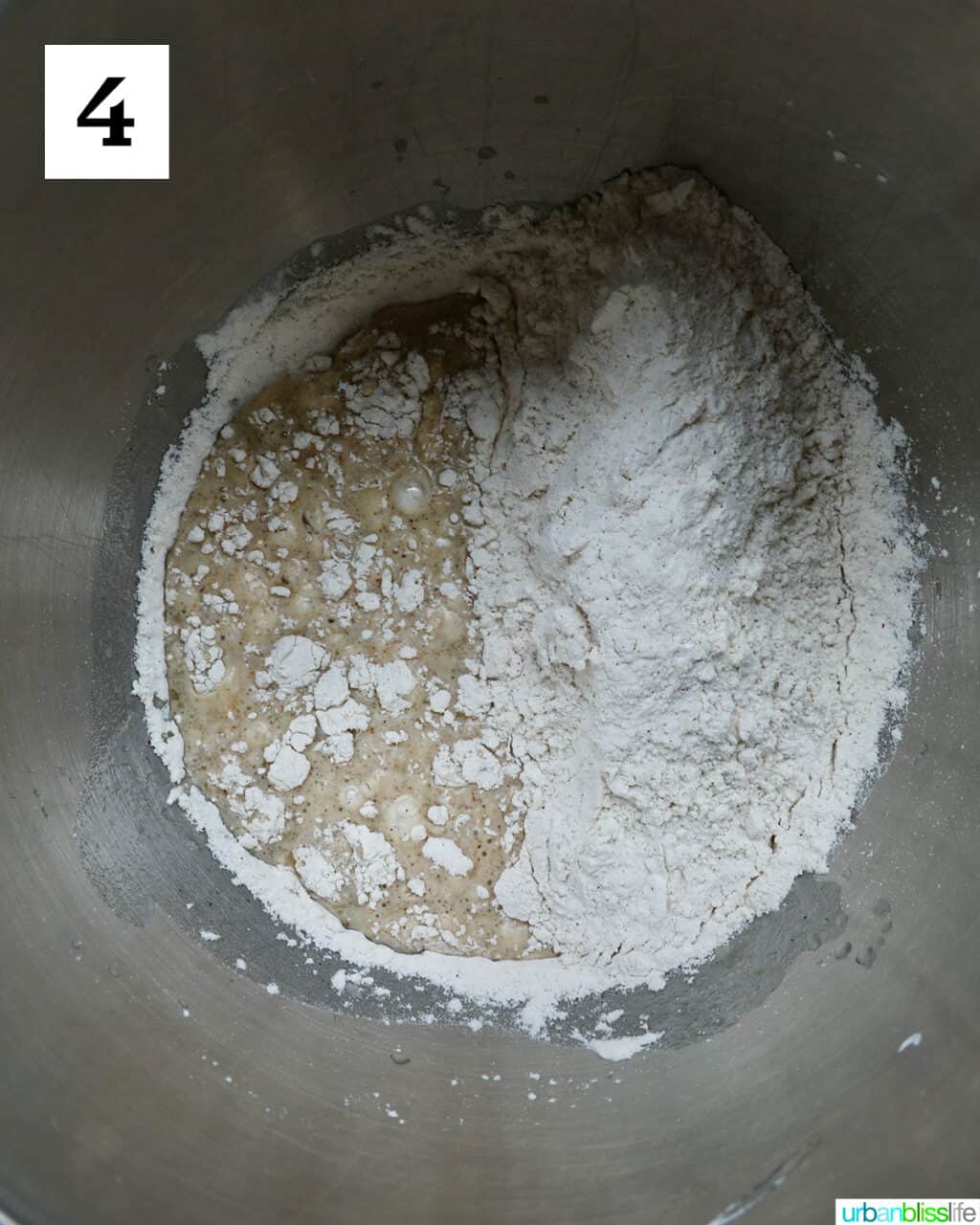 dry flour ingredients added to wet batter ingredients.