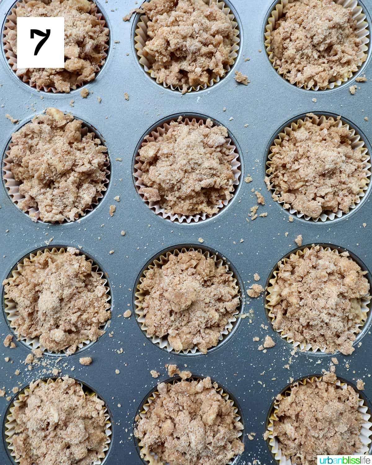 several vegan cinnamon streusel muffins in a muffin tin.