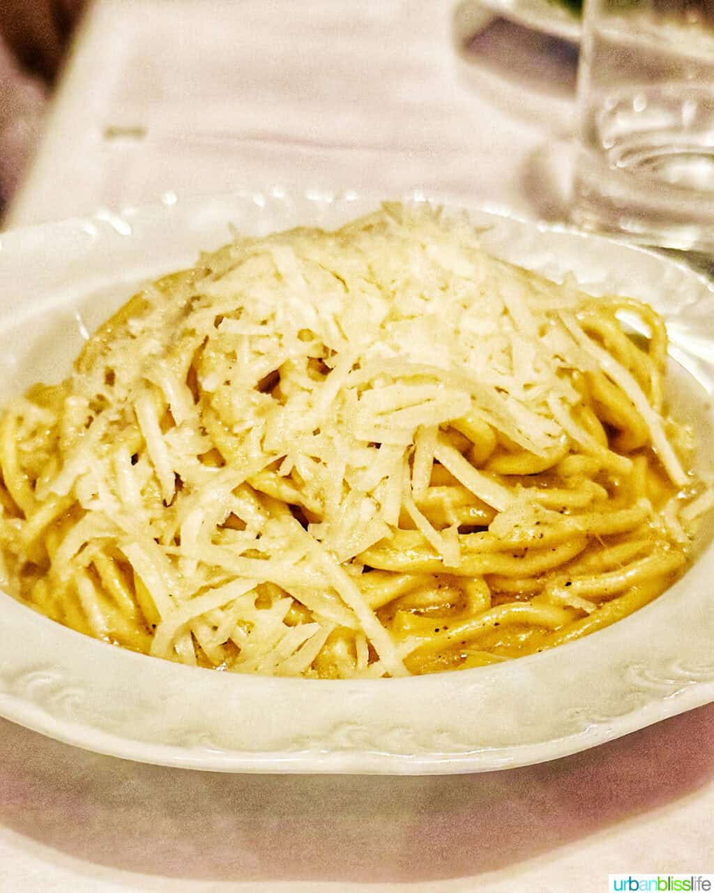 bowl of cacio e pepe pasta at Via Carota restaurant.