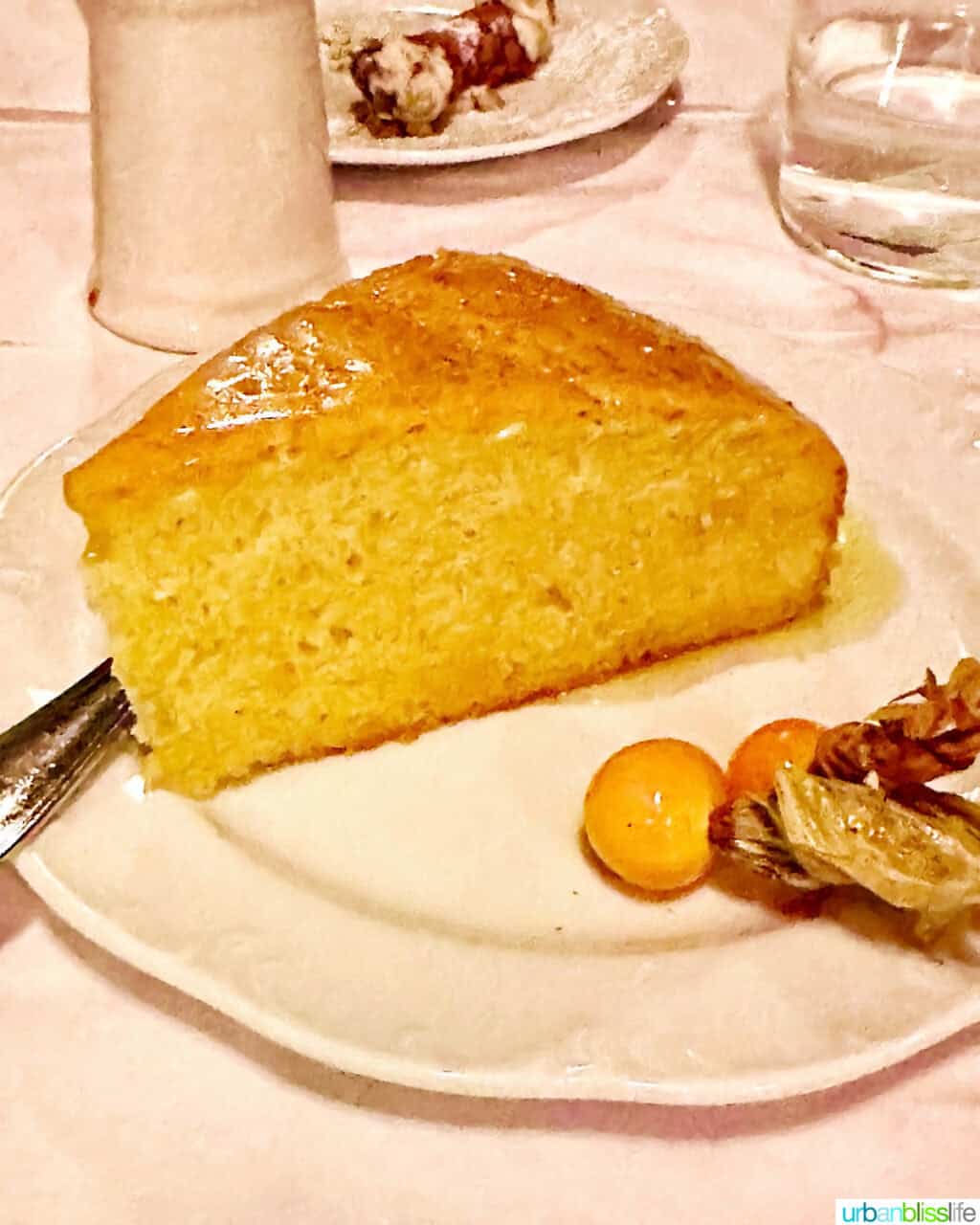 plate of olive oil cake at Via Carota restaurant.