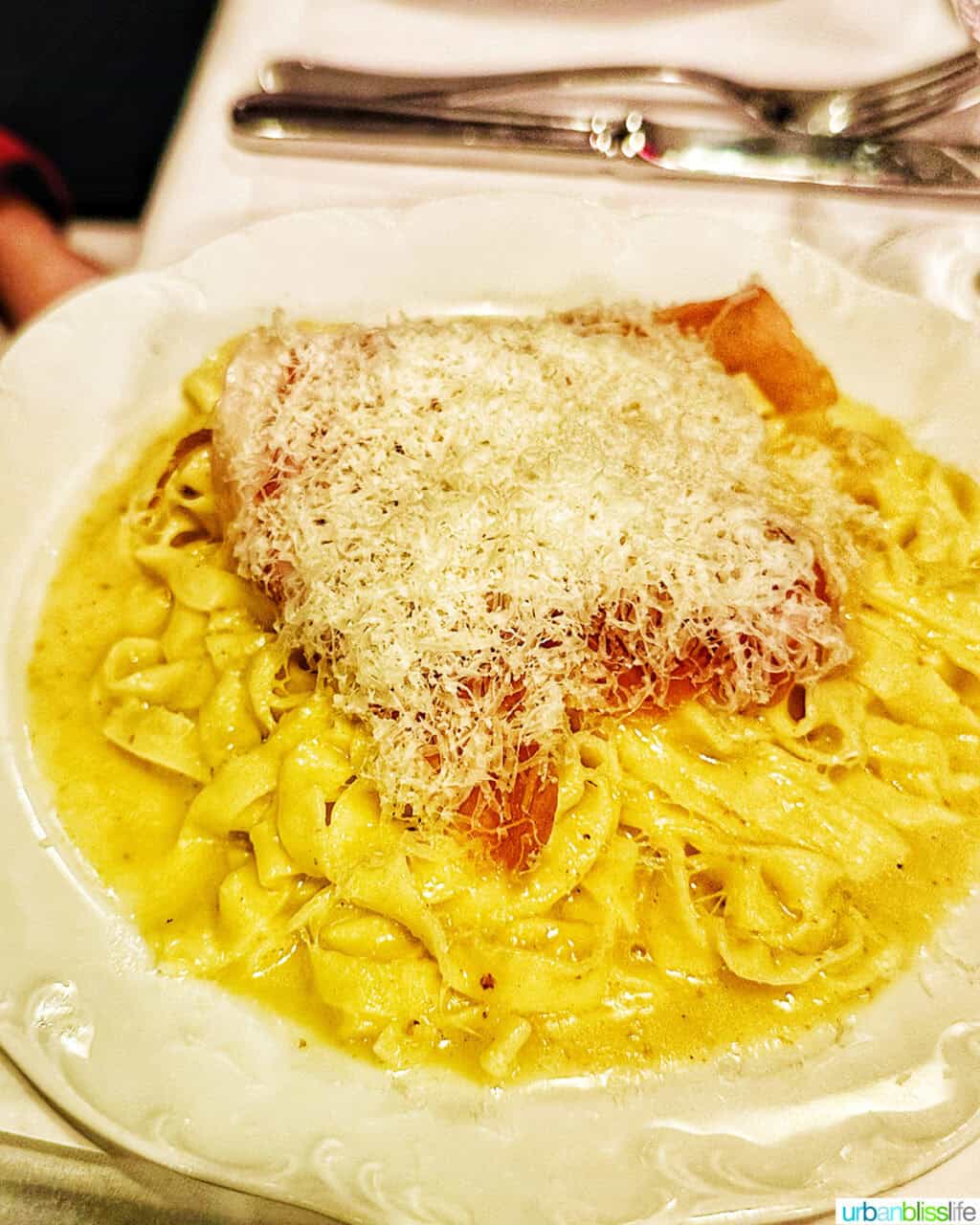 Bowl of tagliatelle pasta at Via Carota restaurant.