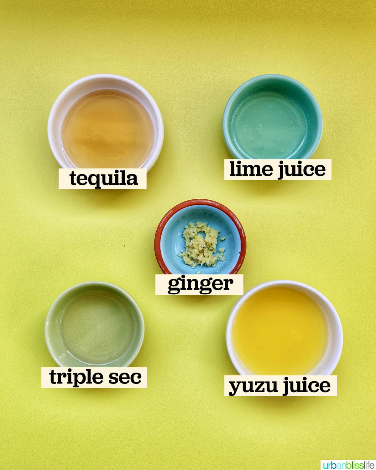 bowls of ingredients to make a yuzu margarita.