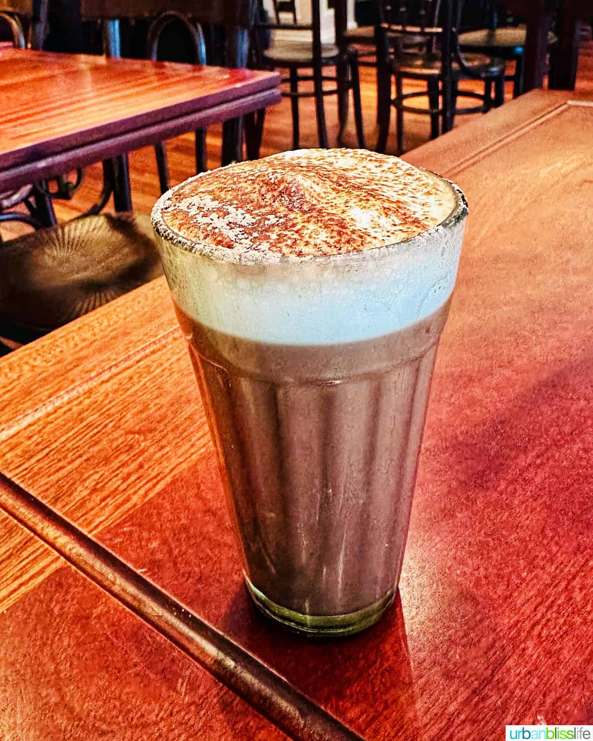 chocolate chai drink at Dishhoom restaurant in London, England.