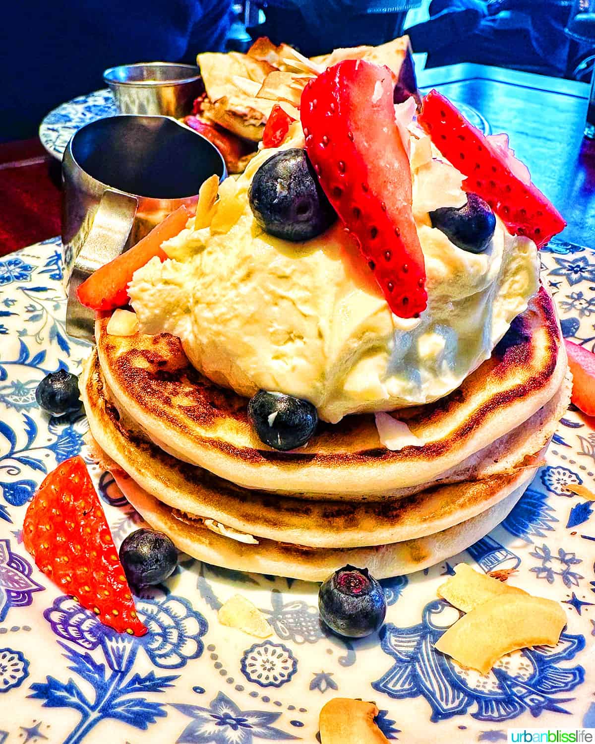 pancake stack at dishhoom restaurant in london, UK.