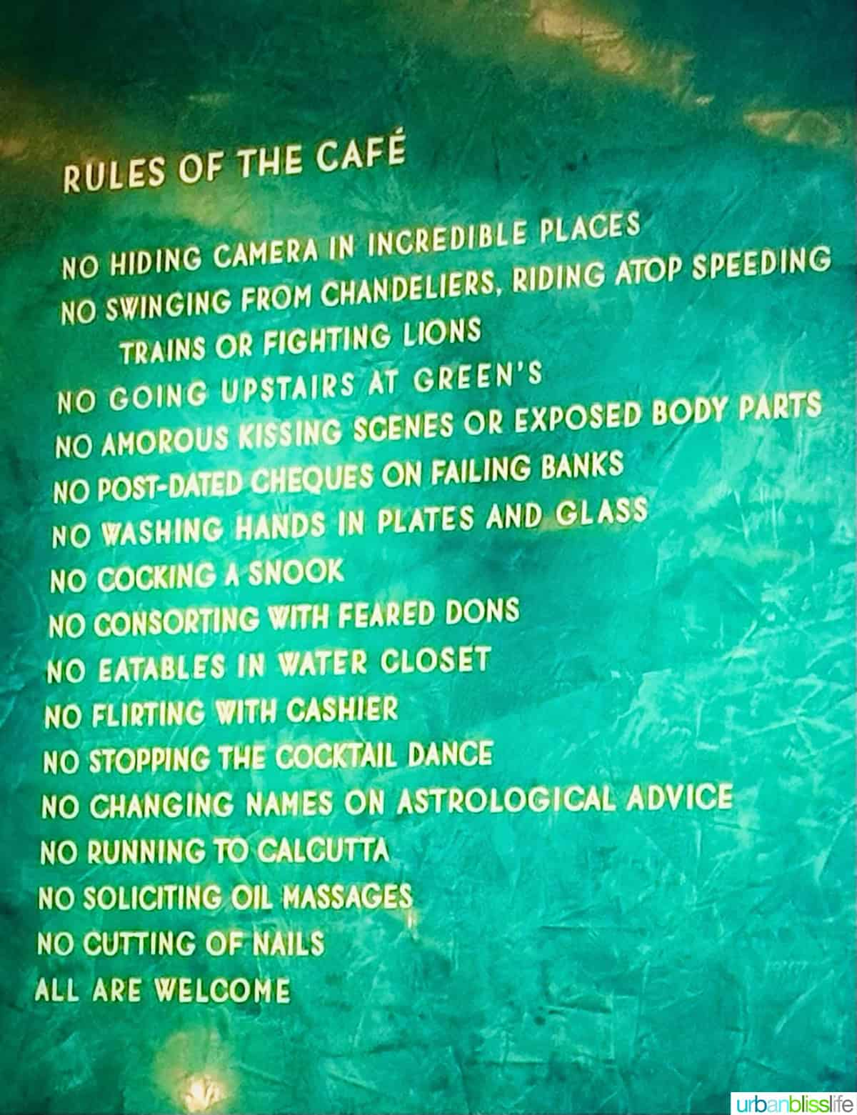 dishhoom rules on the wall of the covent garden restaurant.