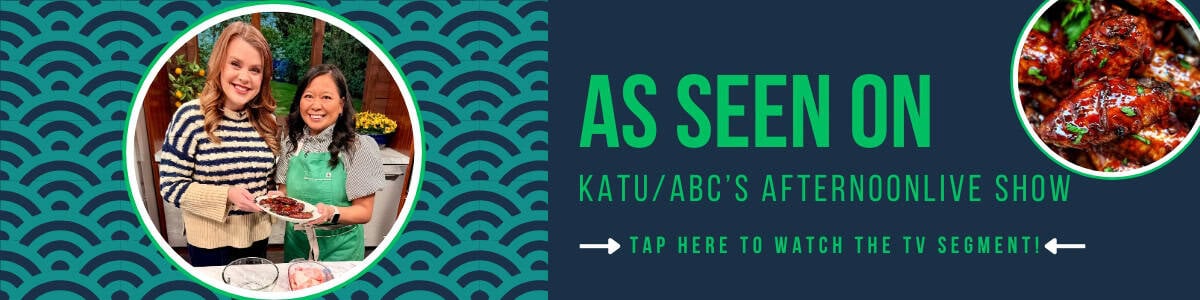 As Seen On ABC banner with photo of Marlynn and Filipino adobo chicken wings.