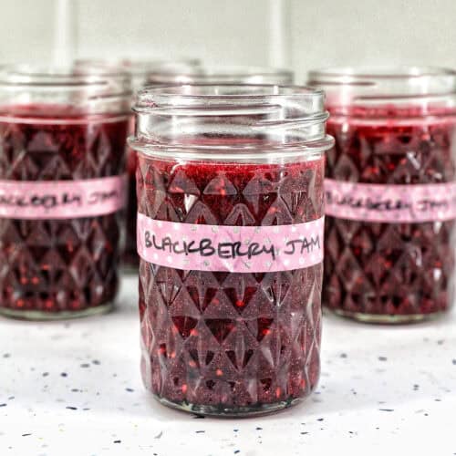 mason jars filled with blackberry freezer jam.
