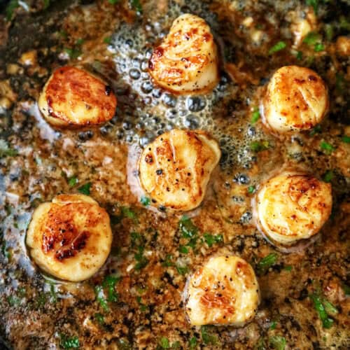 seared scallops in a cast iron skillet with butter garlic herb sauce.
