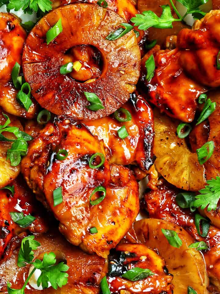 BBQ chicken and pineapples with herbs.