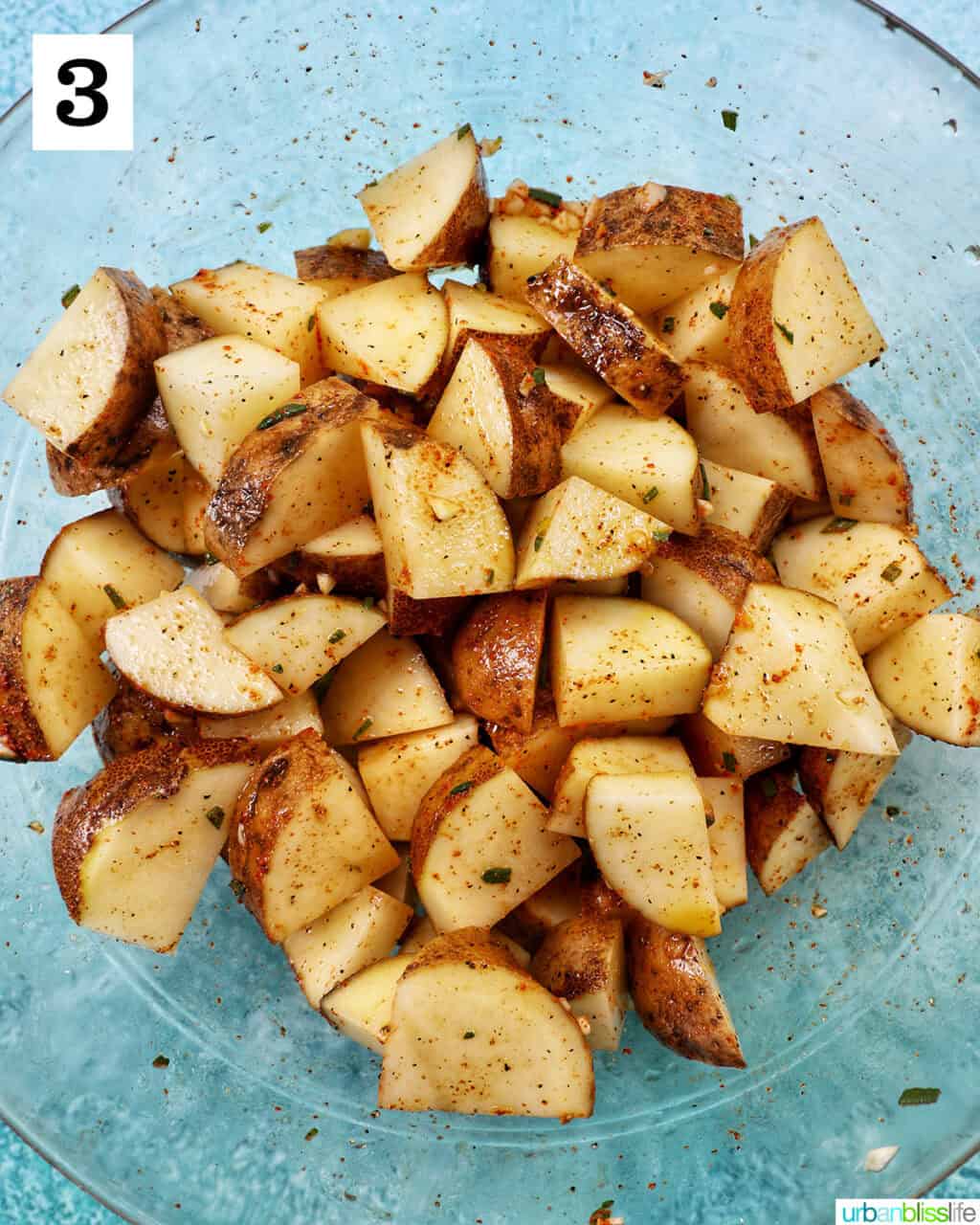 glass bowl with potato wedges.