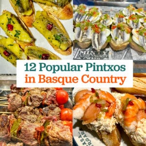 different pintxos with title text that reads "12 Popular Pintxos in Basque Country."