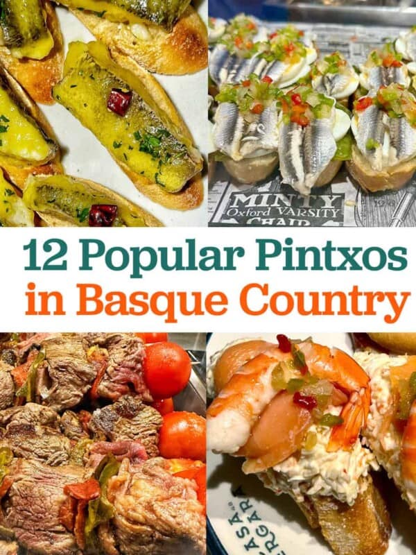 different pintxos with title text that reads "12 Popular Pintxos in Basque Country."