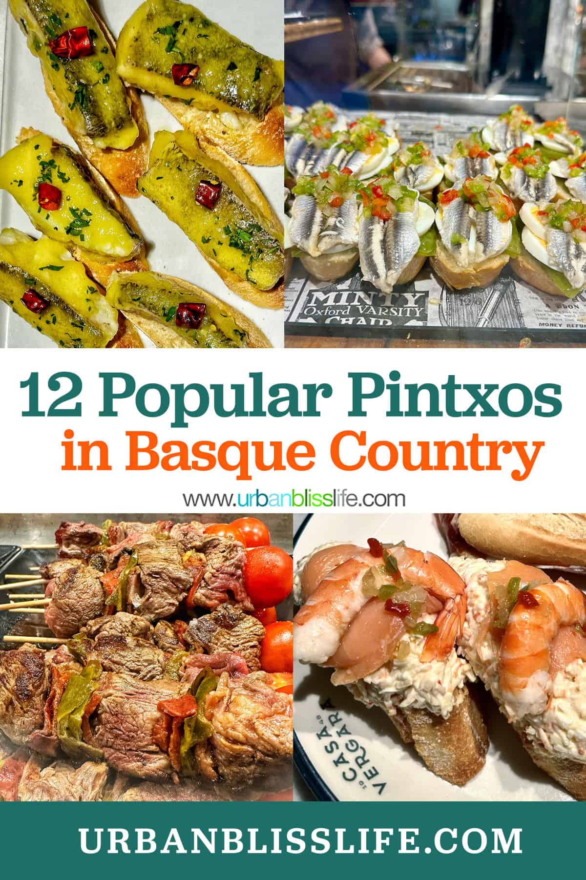 different pintxos with title text that reads "12 Popular Pintxos in Basque Country."